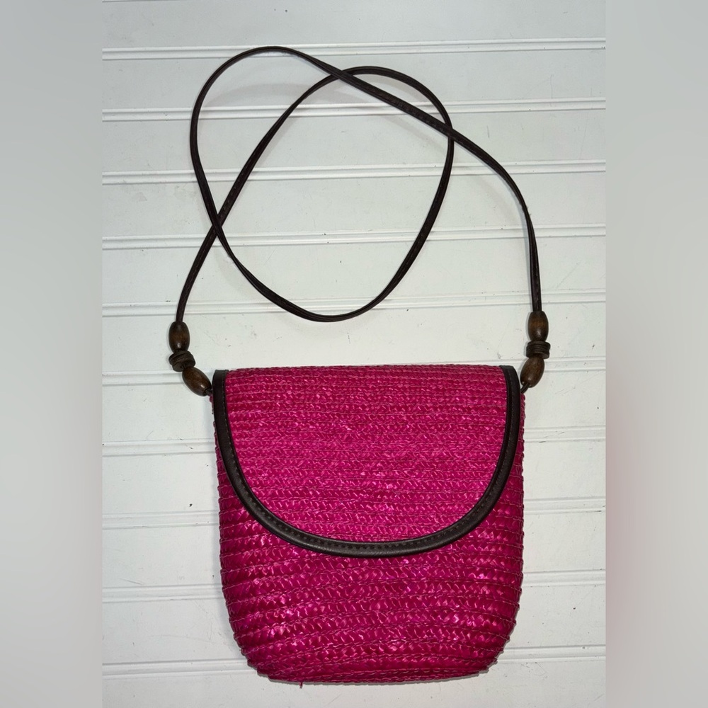 Womens Hot Pink Straw Bag Brown Trim 7" W x 7" H x 3" D New Without Tags